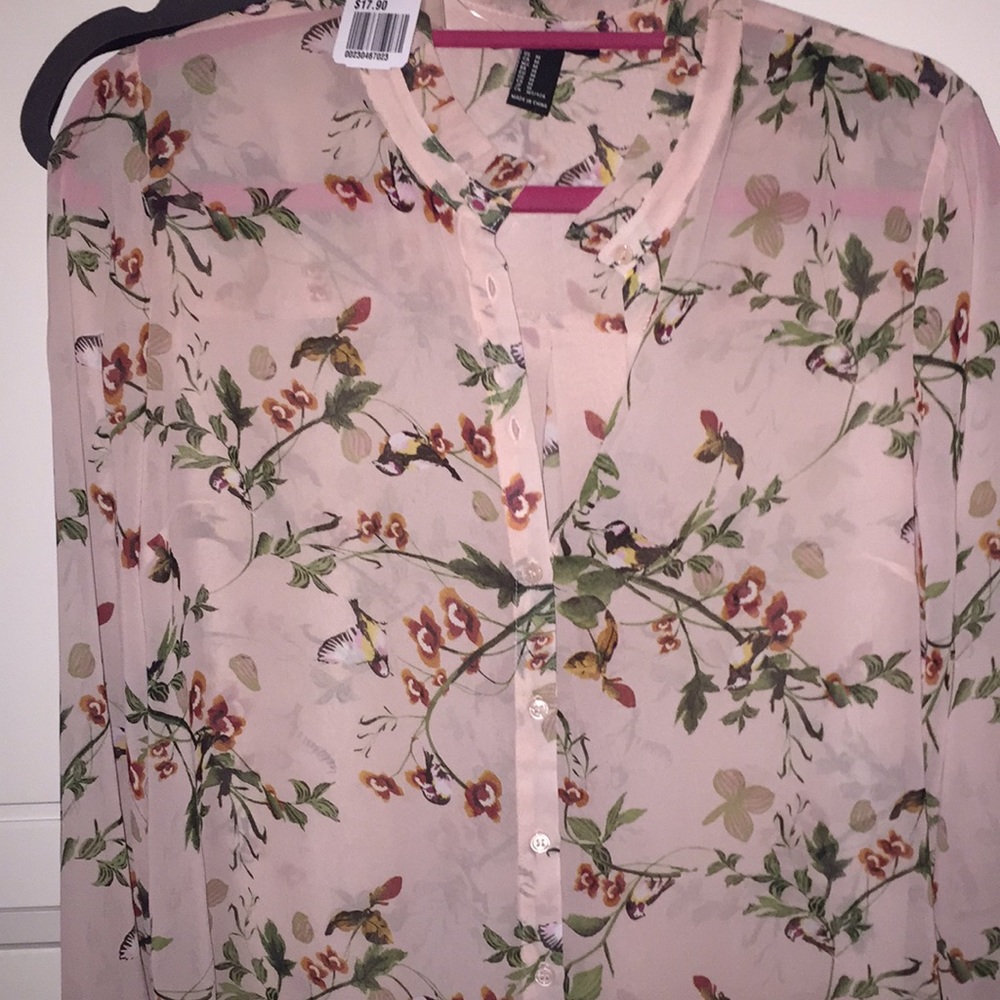 Dusty pink blouse flowers and birds - Picture 2 of 3